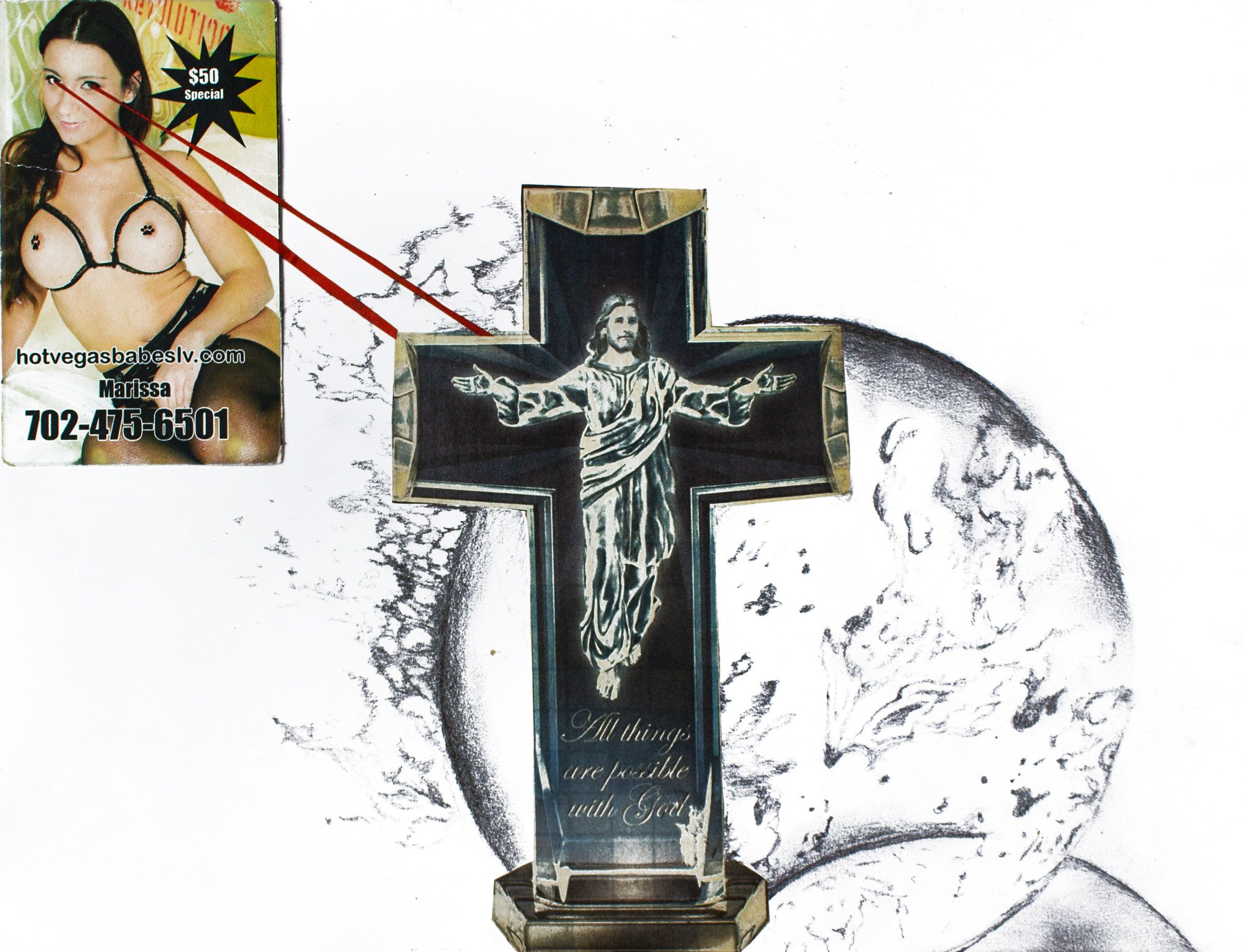 Collage: a glass cross engraved with Jesus and the words All things are possible with God, joined by a red line to a Las Vegas adult-services card, over ink splatters and a pencil-drawn circle.