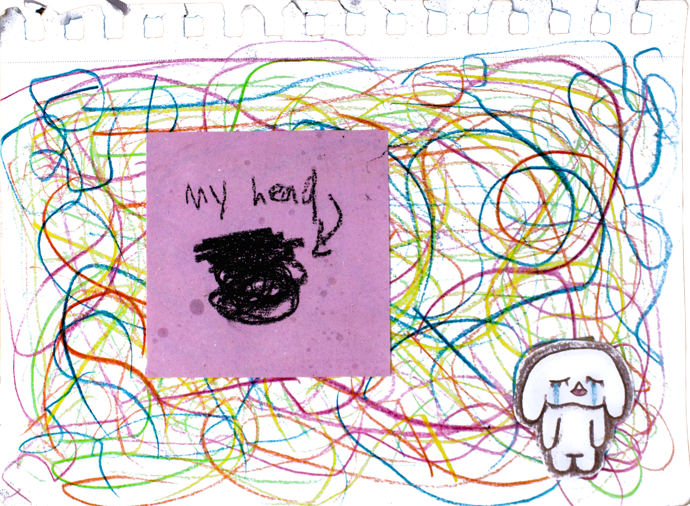 Torn notebook page filled with tangled scribbles in many colours. A lilac square in the middle reads my head above a black scribble, and a small crying white rabbit sits in the corner.