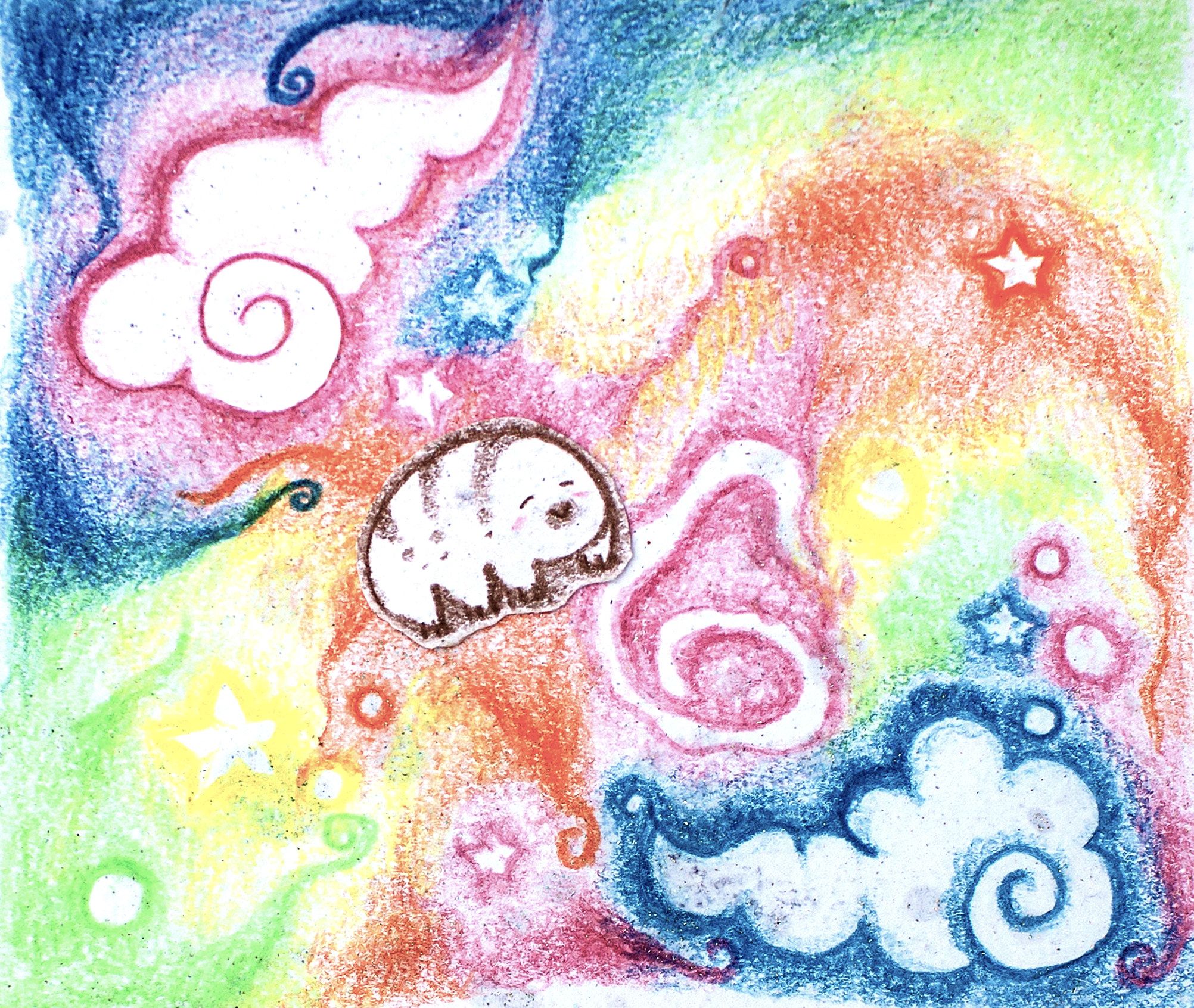 Coloured pencil drawing in rainbow colours: a small white creature floats among swirling clouds and stars.