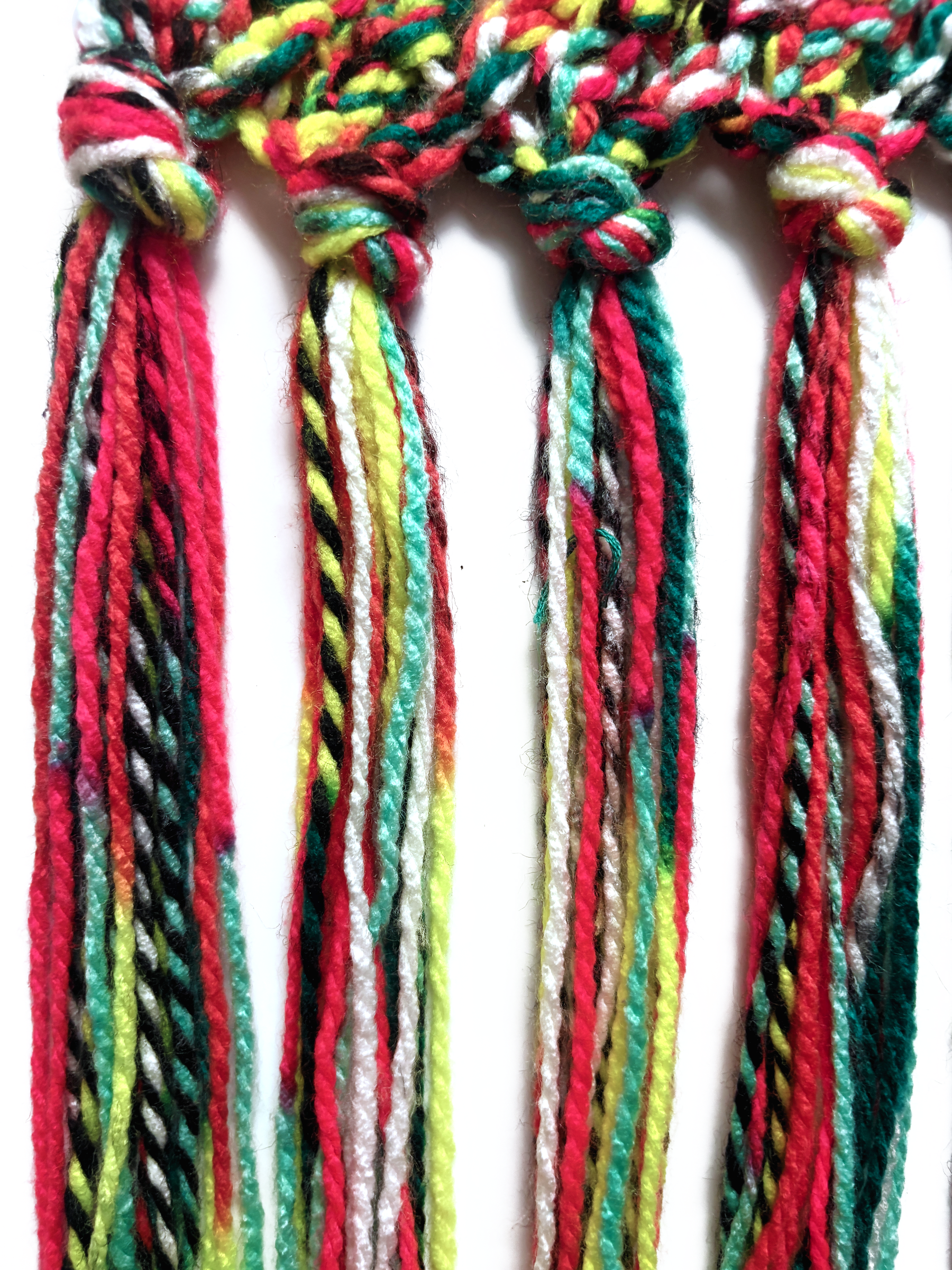 Detail of the fringe: twisted yarn in red, green, yellow and white, knotted at the top.